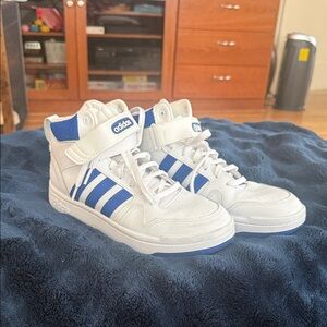 adidas White and Blue High-Top Sneakers with Velcro Strap men’s sizing